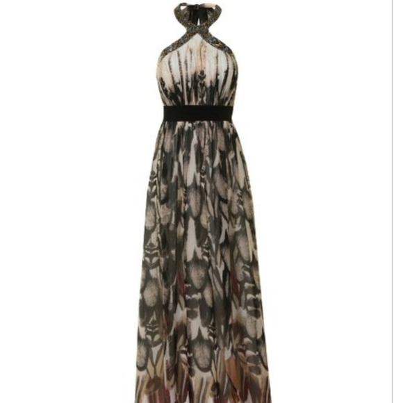 Little Mistress London Women's White & Brown Feather Halter Maxi Dress - Picture 2 of 16